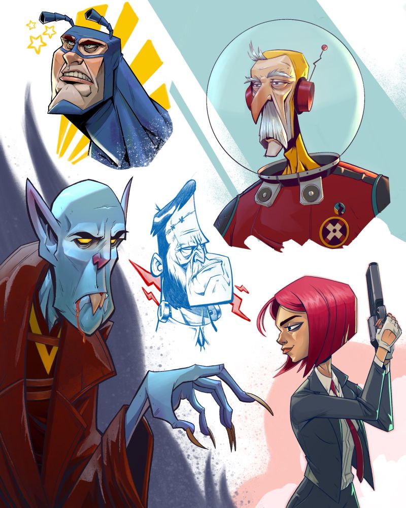 A page full of drawings. The Tick, spaceman, Frankenstein, Nosferatu, and a spy. 