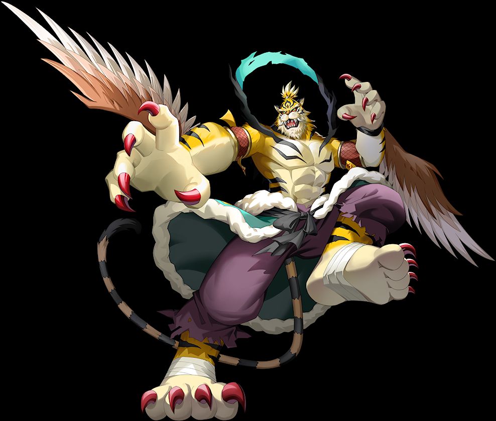 Image of Yihumon, character from Digimon. They has the body of a tiger, yellow body with black stripes. Brown and white eagle-like wings sprouting from their arms, red claws with cloth thinly wrapped around the middle of their foot. A long brown and black patterned tail, and an open, menacing looking expression positioned as if ready to attach. Their left leg is raised, left arm pulled back, right foot on the ground in the foreground, and their right claw extended out towards the viewer. 