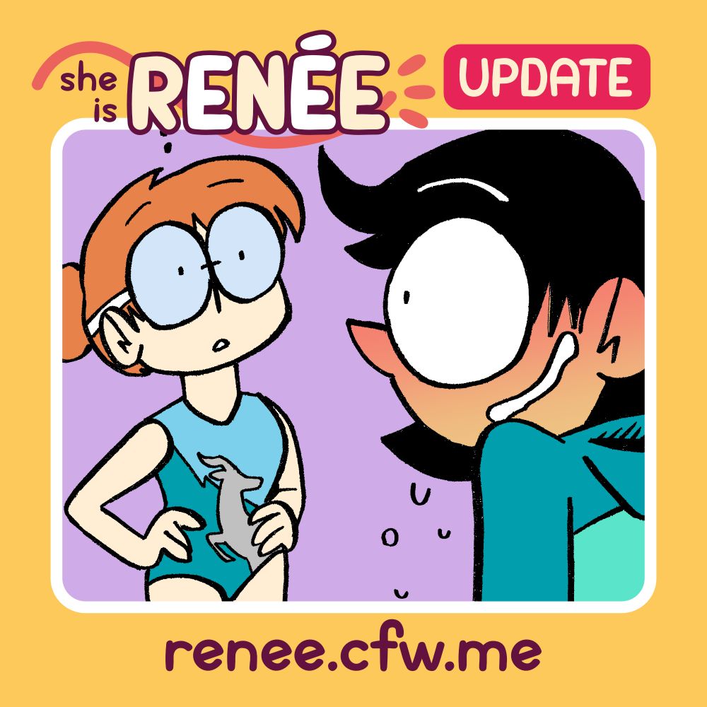 Image announcing an update for the webcomic "She is Renée". It shows Kara standing perplexed while wearing a gymnastics leotard, while Renée smiles awkwardly.