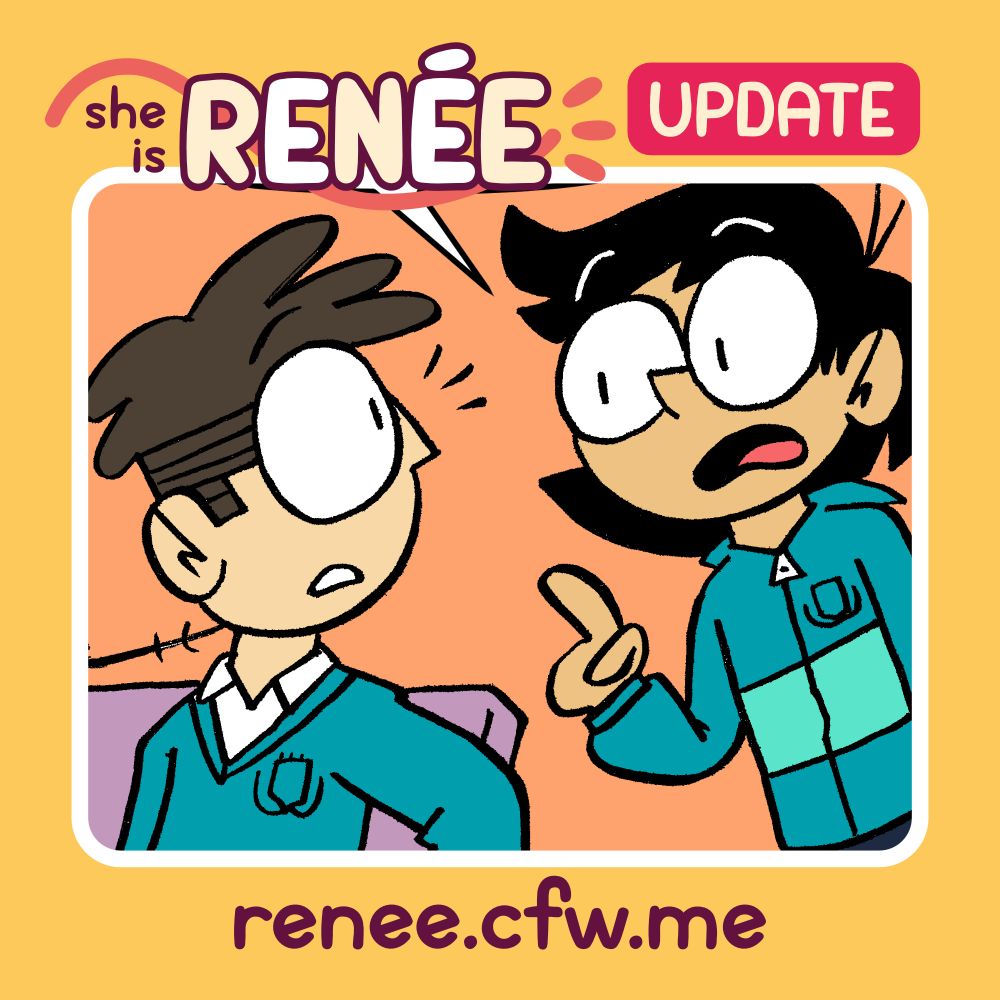 Image announcing an update for the webcomic "She is Renée". It shows Renée explaining something with the pointy finger to another guy.