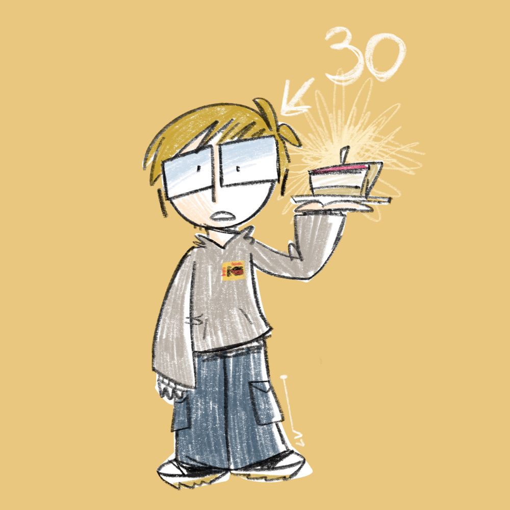 Sketchy drawing of Lucho with an awkward face and posing just as awkwardly while holding a piece of cheesecake with a candle. A scribbled text says “30” while a scribbled arrow points at him.