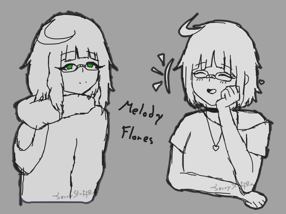 Monochrome art of my character, Melody Flores, on one side showing off her winter outfit consisting of a duffle coat, longer hair and a scarf, and on the other side, reacting to someone with joy and interest