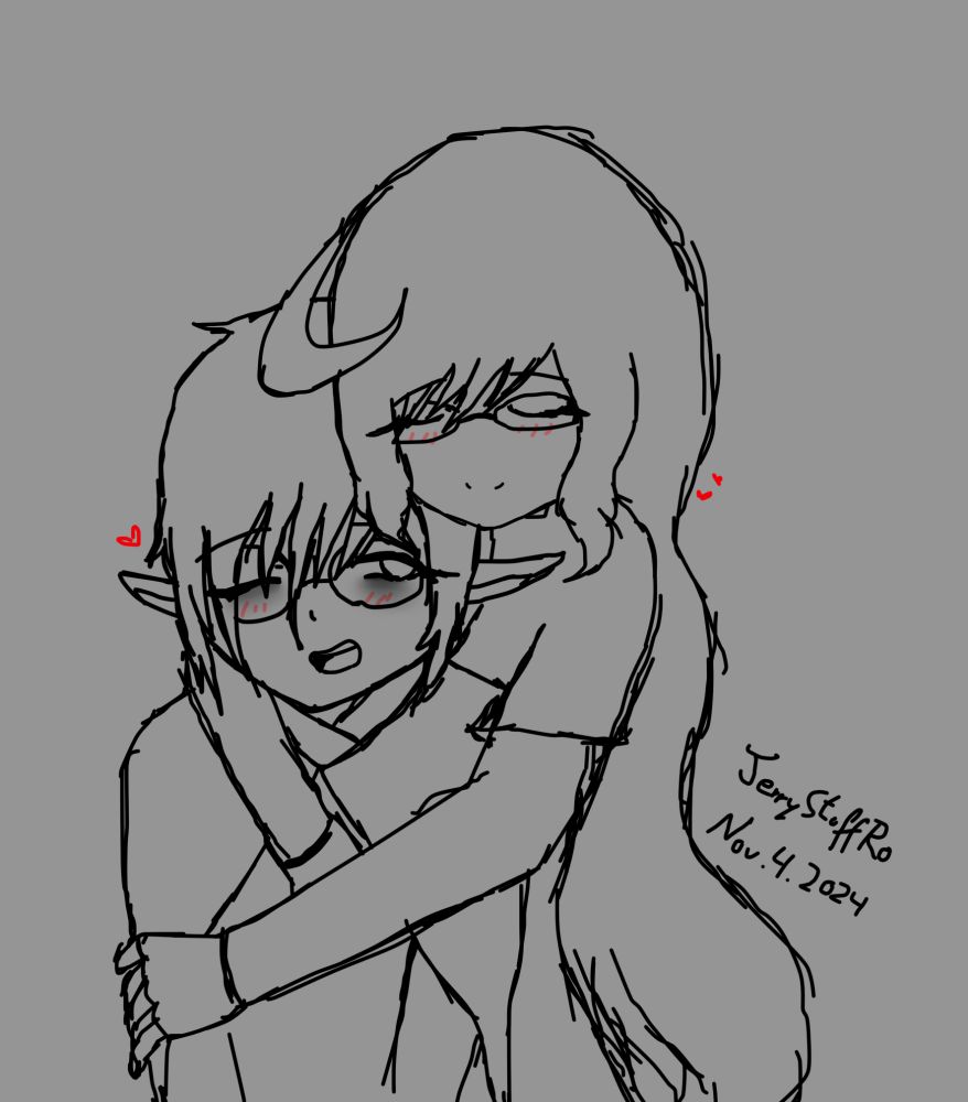 A sketch of two of my original characters, where Yariko Rui (human) is hugging her elven girlfriend, Stella Ariselle. Both look happy!