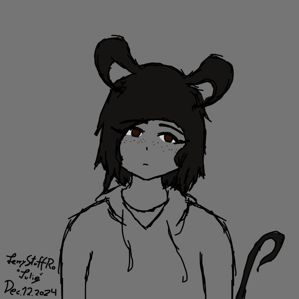 A drawn picture of a brunette girl with ears and tail of a mouse, thick eyebrows, some freckles and brown eyes. She looks as if she doesn't want to look at the viewer, so she focuses somewhere else with a somewhat neutral expression. She's wearing her favorite hoodie over a t-shirt.