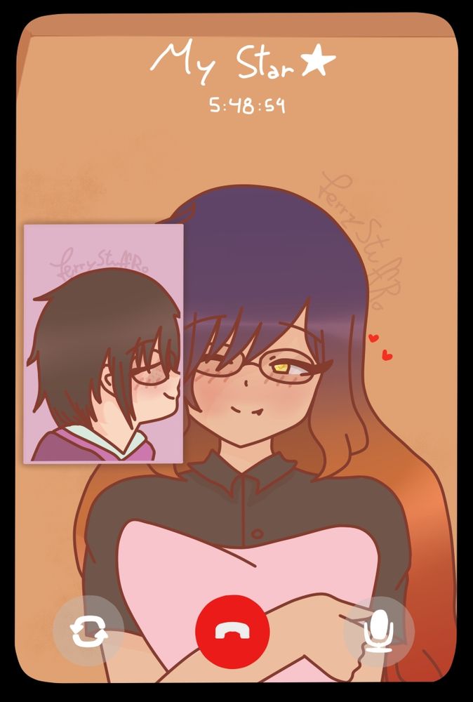 A drawing of my two OCs, Yariko Rui and Stella Ariselle, being shown as a screenshot of a video call. Yariko has Stella's name as "My Star ⭐", and it seems they have been in a video call for 5 hours, 48 minutes and 54 seconds.