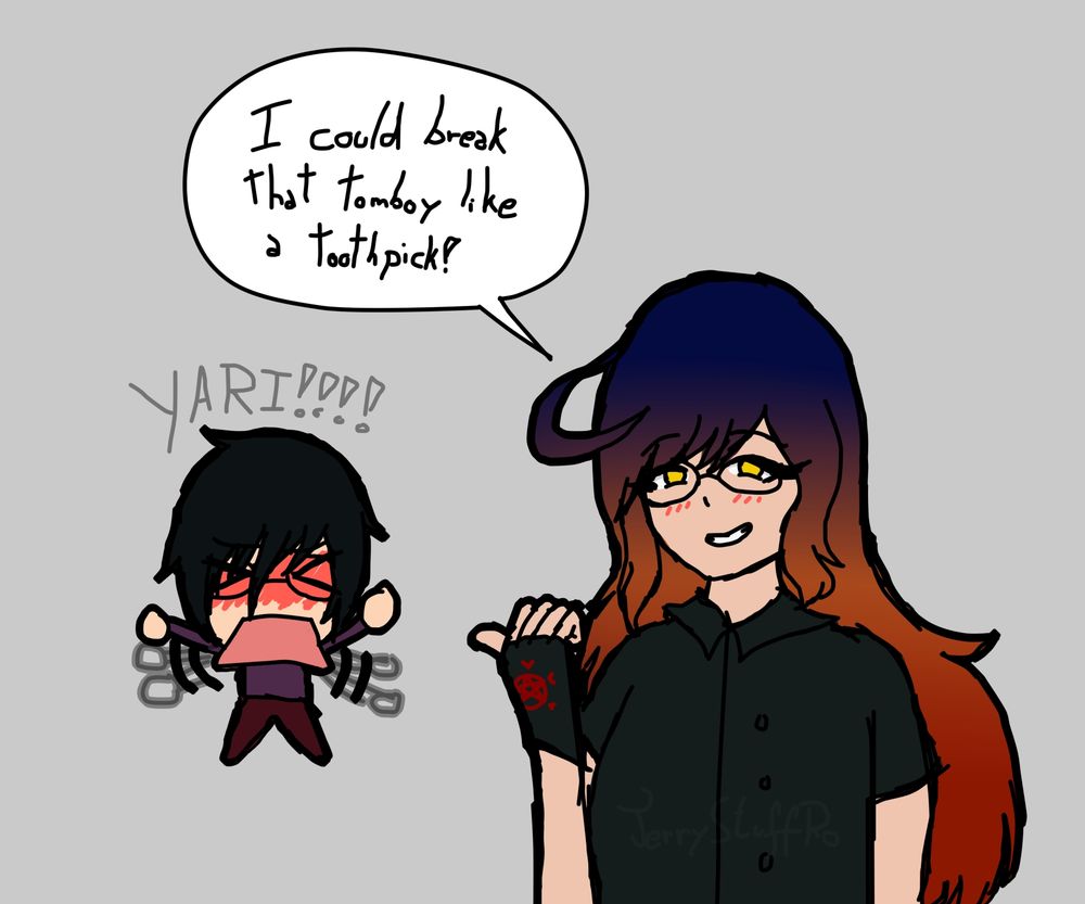 2 of my OCs, Yariko Rui and Stella Ariselle. Yariko, the chuunibyou woman with a smug grin on her face, is pointing back in direction towards her nerdy girlfriend, saying "I could break that tomboy like a toothpick", which Stella reacts to accordingly, screaming out her nickname, "YARI!!!", while shaking her arms rapidly in a cartoonesque fashion, alluding to her frustration at hearing her say something so outrageous like that.