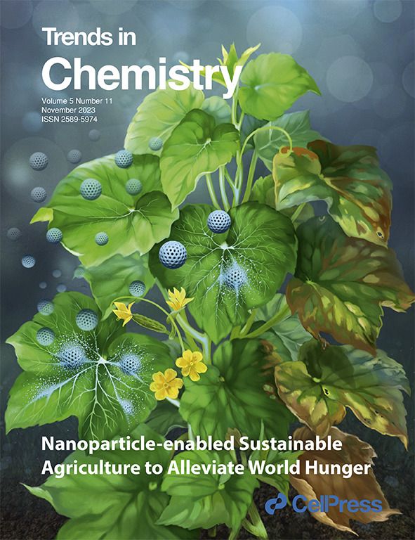 Trends in Chemistry journal cover. Artwork showing gray spherical particles interacting with green plant leaves, with withered diseased leaves on the other side of the plant. Caption: Nanoparticle-enabled Sustainable Agriculture to Alleviate World Hunger