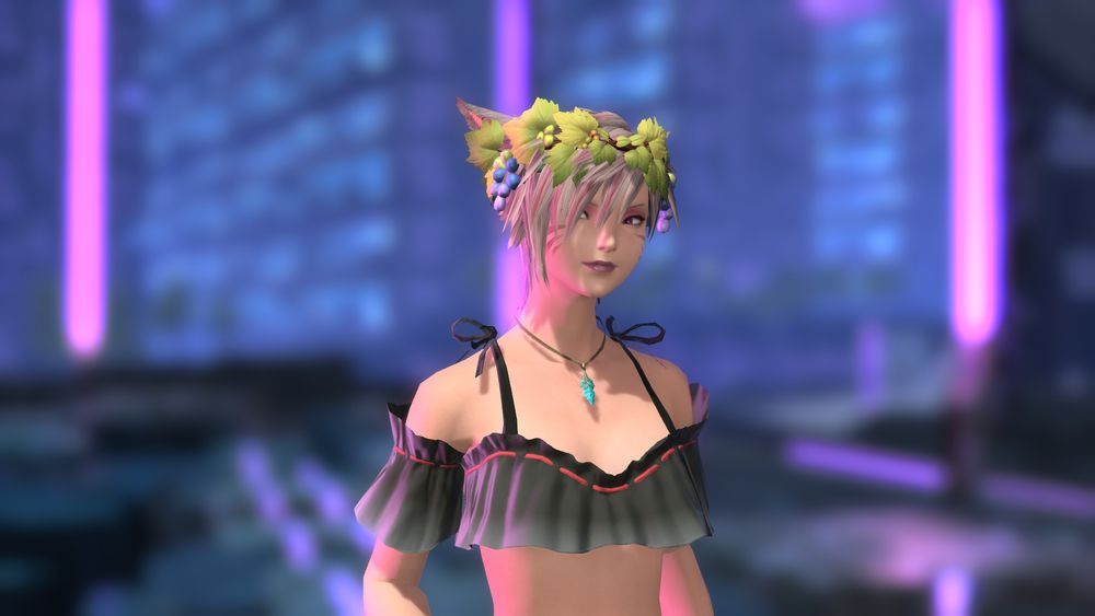 miqo standing looking right with cyberpunk background