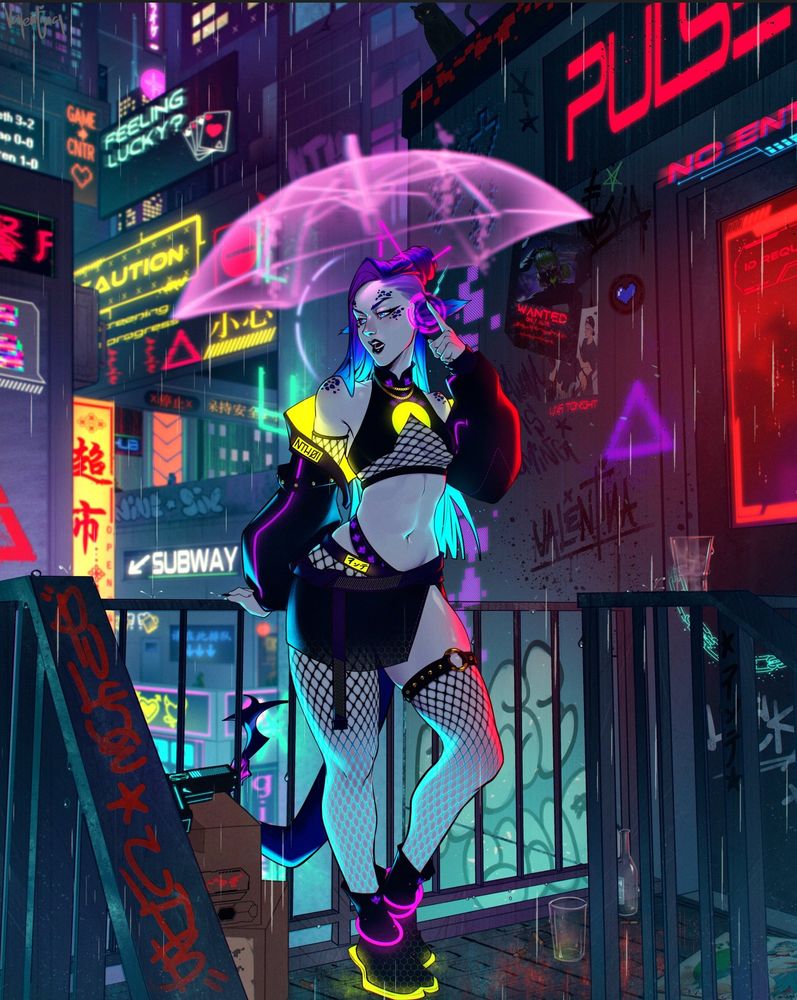 Oc commission, scifi themed. Alien woman wearing a neon glowing outfit is looking off camera while communicating through an earpiece, immersed in a cyberpunk looking world full of lights.