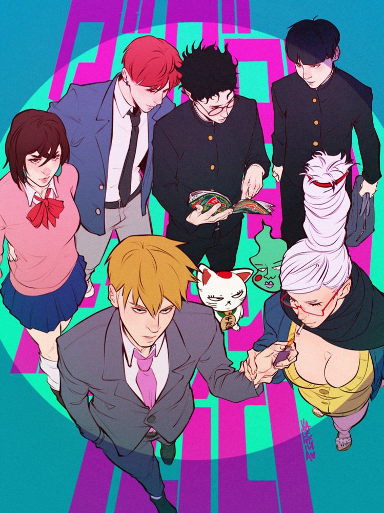 Top down view of characters from Mob Psycho 100 and Dandadan