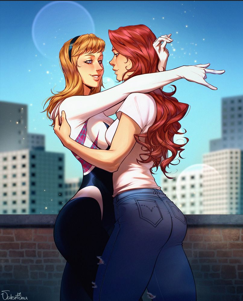 Spider Gwen x Mary Jane embracing on a rooftop