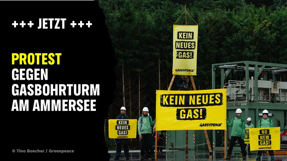 Mehrere Greenpeace-Aktivisti protestieren vor Ort mit Schildern gegen den geplanten Gasbohrturm. Auf den Schildern steht "Kein neues Gas!"