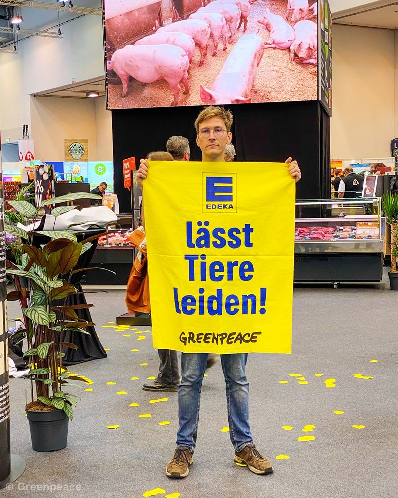 Ein Aktivist auf dem Edeka-Event hält ein Banner hoch, auf dem steht: Edeka lässt Tiere leiden!