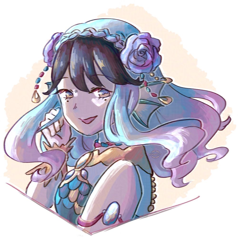 Drawn portrait of Anenome, an OC by insta user devidvd (https://www.instagram.com/devidvd/)
A mermaid with pale white-ish skin and a mole under each eye. Her hair is roughly shoulder-length, wavy and features a light blue to pink ombre, as well as black bangs. She wears two big lavender rose hairclips, adorned with some dangly bits