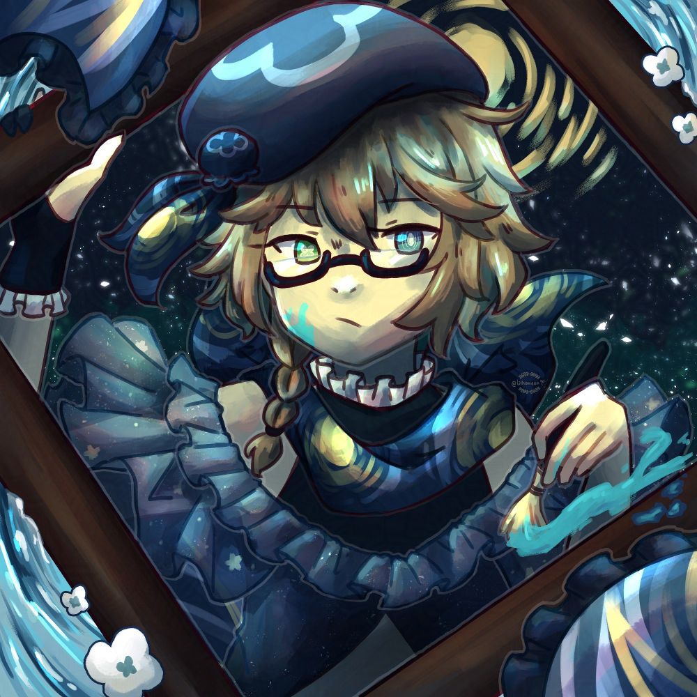 Drawn halfbody piece of Edelweiss, artist oc of reidiantdawn.bsky.social‬
A non-binary character with generally short brown hair and a small braid to their right. They have green/blue heterochromia, wear glasses and frilly, partially translucent clothes in various shades of blue, as well as a scarf inspired by van Gogh's The Starry Night. They're holding a paintbrush in one hand and a picture frame - framing themselves - in the other. 
The background features rippling water, white flowers, the night sky and a painted-on sun