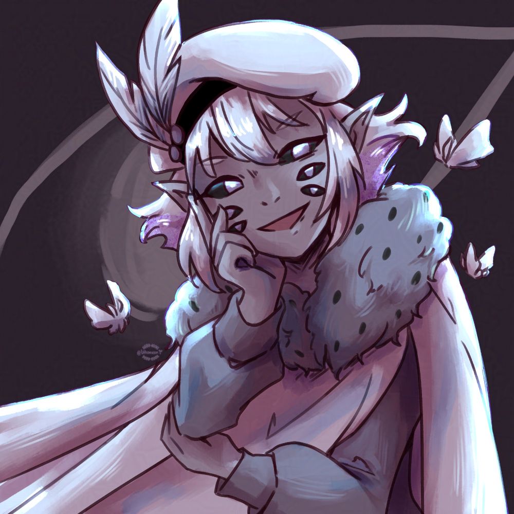 Bust shot of Ryut, an DnD NPC by insta user ScribbleSketchScoo (https://www.instagram.com/scribsketchscooart/)
An elf with pale grey skin, short white hair featuring purplish-pink underlights and three pairs of eyes. Dressed in a long cloak with a fluffy collar and a feathered beret. They're grinning into the camera and are holding one hand to their cheek, as if scheming something, whilst surrounded by a total of three white moths