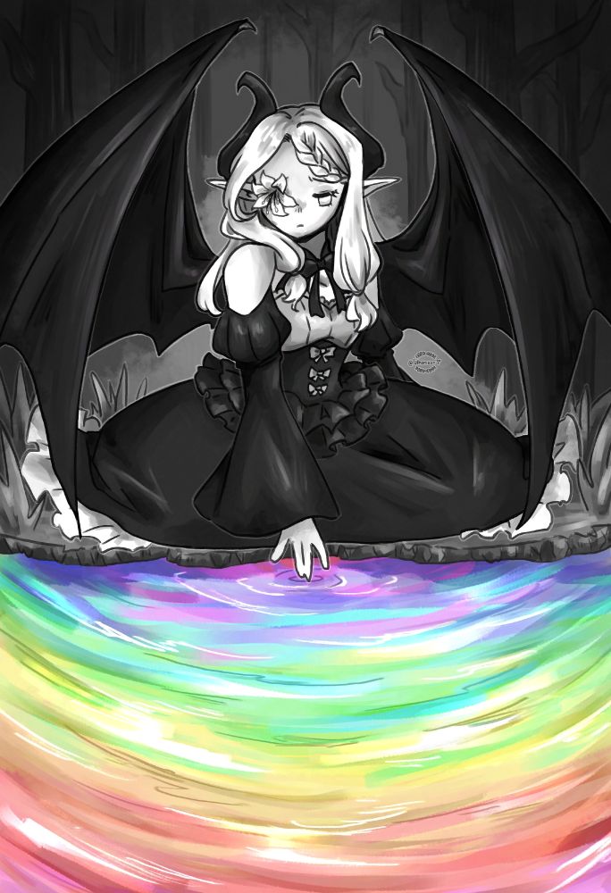 An illustration of Parisha, an DnD character by Still Here over on xwitter (https://x.com/still_here_and)
The top half of the image is kept entirely monochrome. It features a one-eyed tiefling girl with leathery bat wings and goth lolita style clothing kneeling by a water source in a foresty area. The bottom half of the image features said water source, which is notably rainbow-coloured and shows no reflection.