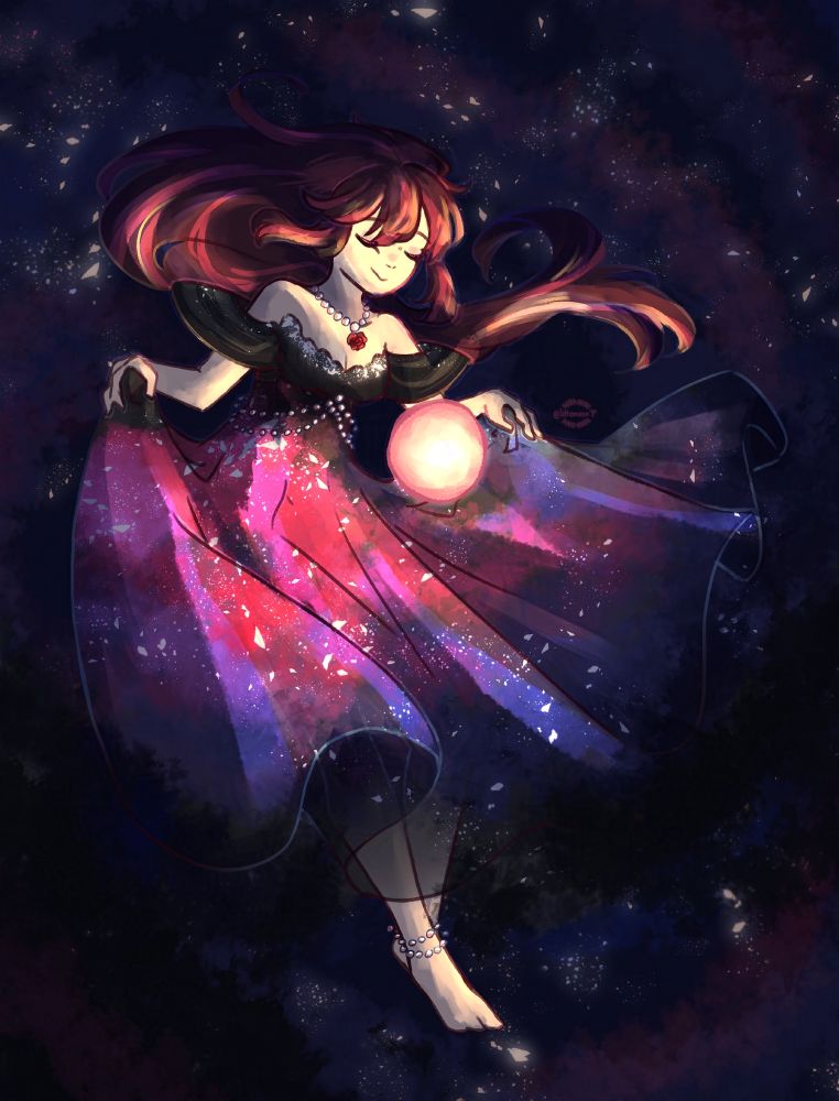 Fullbody drawing of an AU version of Helone, oc of Salanianeko (https://x.com/NekoSalania)
A girl wandering through space, featuring long brown hair with red highlights. She wears a glittery evening dress with a pinkish-red galaxy pattern, that blends into her starry surroundings. She herself dances around a glowing orb reminiscent of a small sun