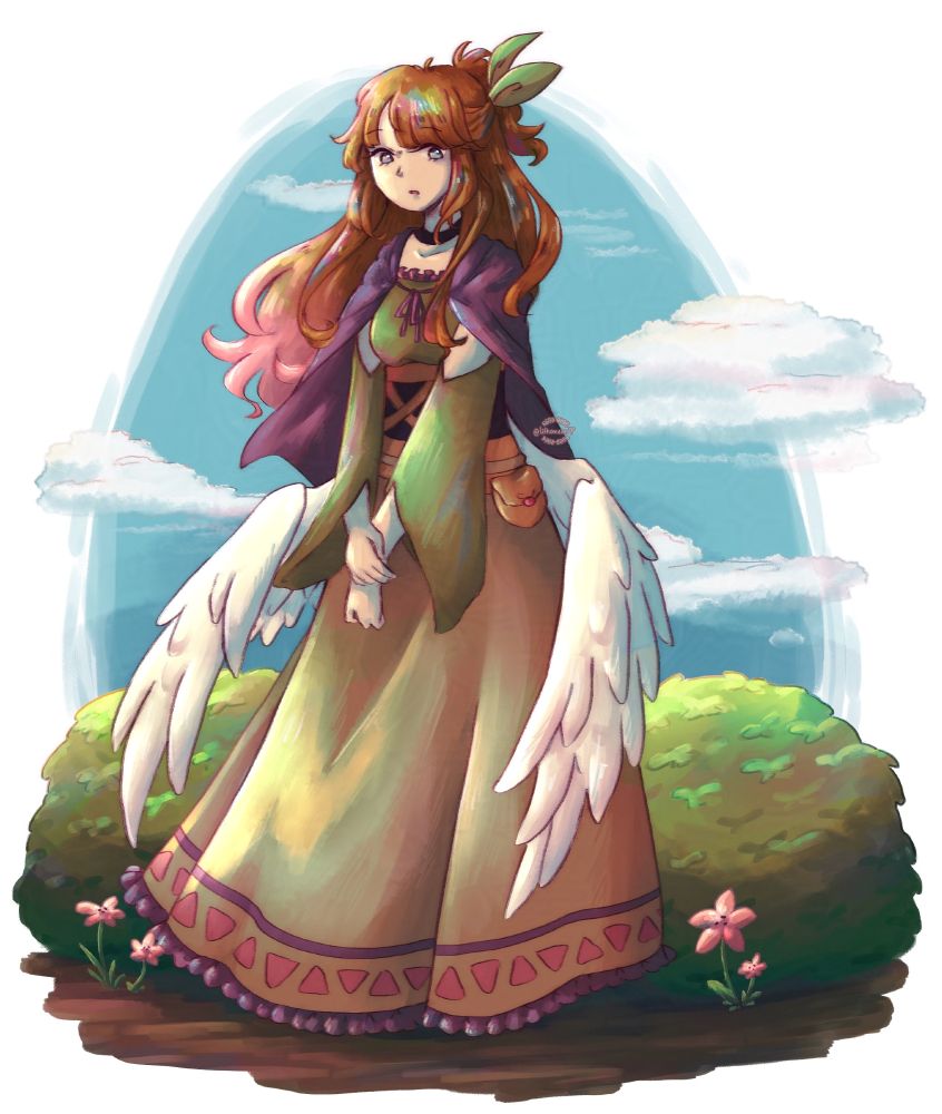 Fullbody drawing of Olive Watkins, an OC by xwitter user SamSplatoon8 (https://x.com/SamSplatoon8)
A girl with waist-length, slightly curly hair, that's partially put into a ponytail. She wears a long green cottagecore dress and a brownish cape over her shoulders. From her lower back sprout two small angel wings.
She stands before some bushes and a lovely blue sky, surrounded by a few pink flowers