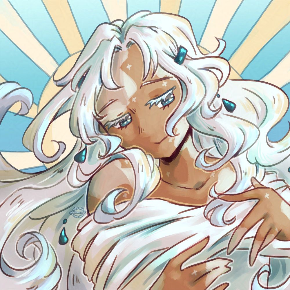 Bust shot of Sylphe, an OC belonging to insta user lovhaoi (https://www.instagram.com/lovhaoi/)
A dark-skinned woman with vitiligo splotches reminiscent of clouds and stars. She wears raindrop-esque accessories in her long, wavy, white hair and a white shoulderless dress. idk how to even describe the pose lol
The background features a yellow sun on a light blue gradient