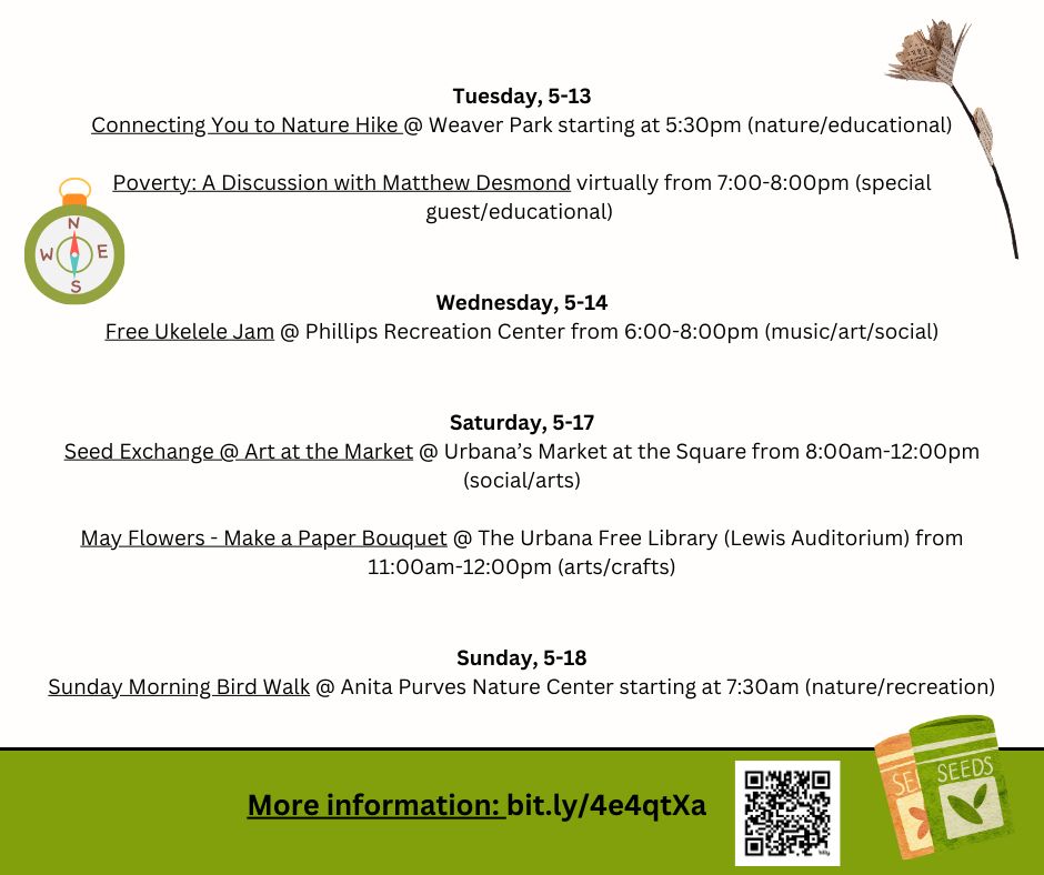 Green & white background with graphics of a flower made out of paper, a compass, & two packs of seeds, & information about different events. Find information & locations for the events at: bit.ly/4e4qtXa