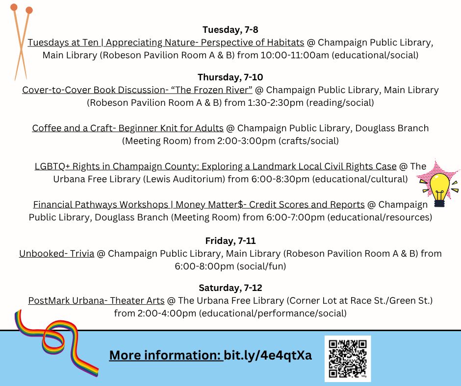 Light blue & white background with cute graphics & information about different events. Find information & locations for the events at: bit.ly/4e4qtXa