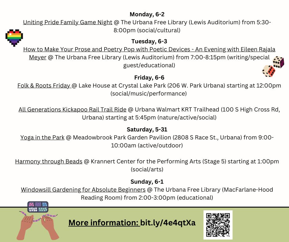 Light green & white background with cute graphics & information about different events. Find information & locations for the events at: bit.ly/4e4qtXa