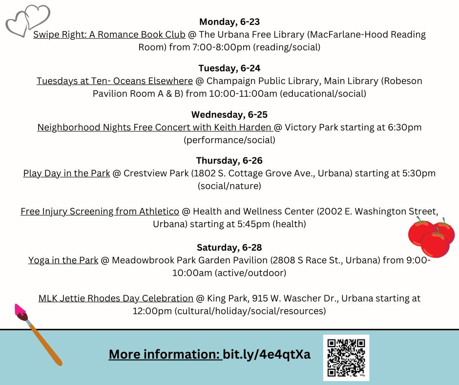 Blue & white background with cute graphics & information about different events. Find information & locations for the events at: bit.ly/4e4qtXa