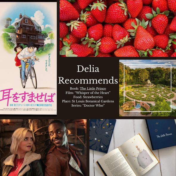 Graphic that reads "Delia Recommends" in the center. It also reads "Book: The Little Prince. Film: Whisper of the Heart. Food: Strawberries. Place: St. Louis Botanical Gardens. Series: Doctor Who." with accompanying images of each of these recommendations. 