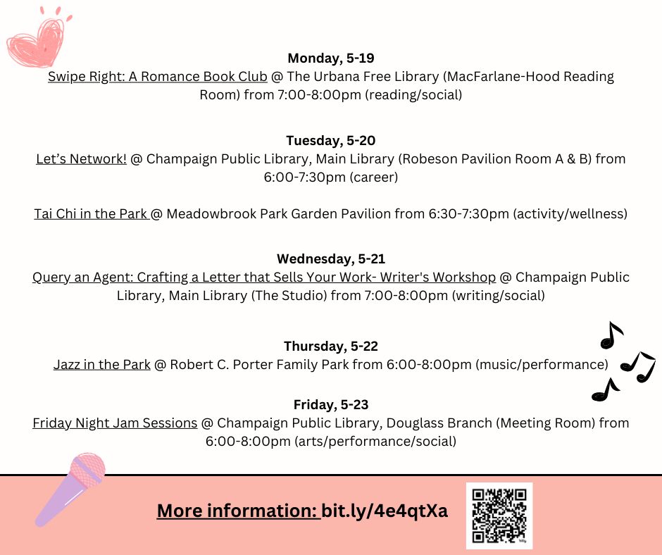 Pink & white background with cute graphics & information about different events. Find information & locations for the events at: bit.ly/4e4qtXa