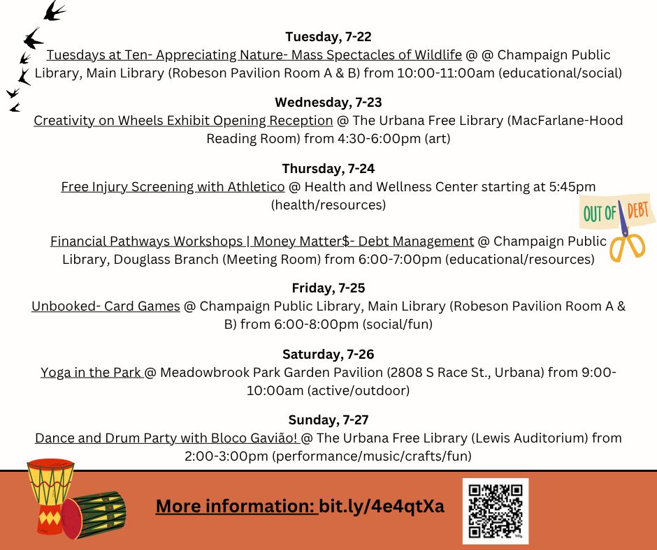 Dark orange & white background with cute graphics & information about different events. Find information & locations for the events at: bit.ly/4e4qtXa