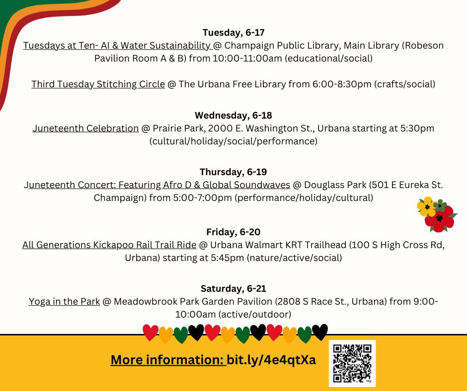 Yellow & white background with cute graphics & information about different events. Find information & locations for the events at: bit.ly/4e4qtXa