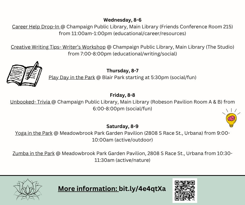 Mint & white background with cute graphics & information about different events. Find information & locations for the events at: bit.ly/4e4qtXa