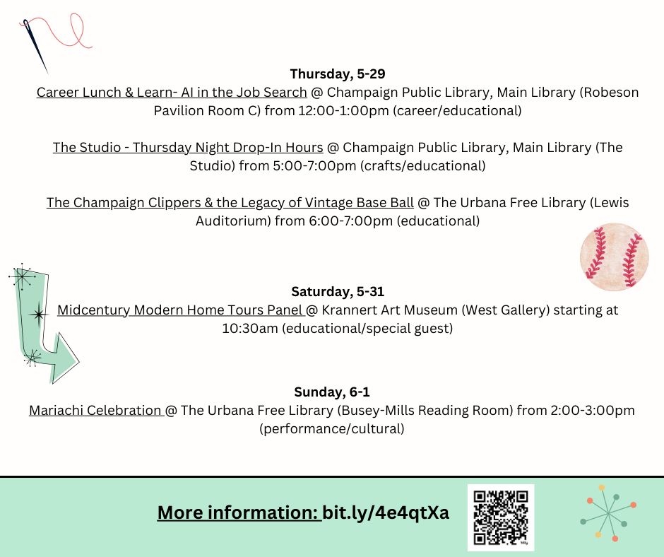 Light teal & white background with cute graphics & information about different events. Find information & locations for the events at: bit.ly/4e4qtXa