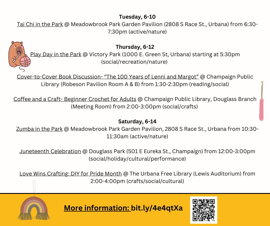 Orange & white background with cute graphics & information about different events. Find information & locations for the events at: bit.ly/4e4qtXa