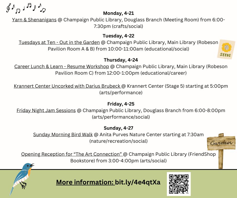 Light green & white background with graphics of a music notes, a packet of seeds, a blue bird, & a garden sign, & information about different events. Find information & locations for the events at: bit.ly/4e4qtXa