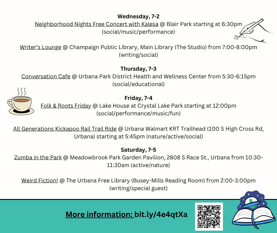 Teal & white background with cute graphics & information about different events. Find information & locations for the events at: bit.ly/4e4qtXa