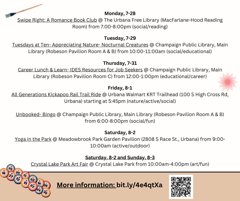 Tan & white background with cute graphics & information about different events. Find information & locations for the events at: bit.ly/4e4qtXa