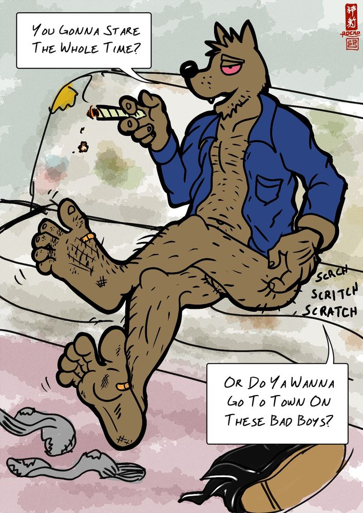 A scruffy brown werewolf man wearing a blue unbuttoned shirt (and nothing else). He is seated on a grimy couch, smoking a blunt.

"You gonna stare the whole time? Or do you wanna go to town on these bad boys?"