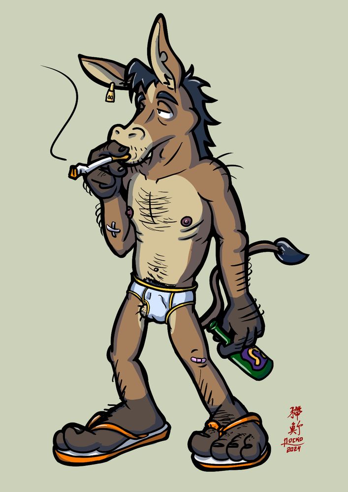 a hairy donky man smokes a cigarette and holds a green bottle of something. he is clad in briefs and flip flops
