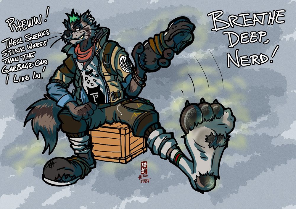 a punk trash panda sits on a crate and takes off his torn-up shoe, revealing a ragged sock with his toes poking out.

"Pheww! These sneaks stink worse than the garbage can I live in! Breath deep, nerd!"