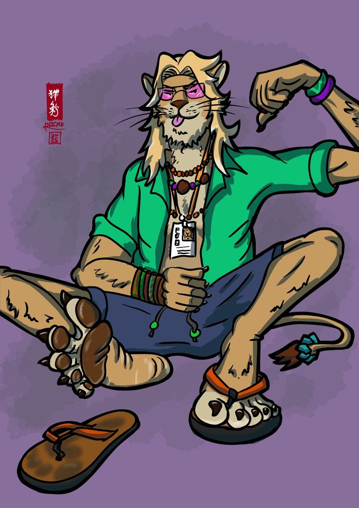 New Fortnite flavour of the month Kingston, a laid back lion surfer dude showing off his muscle and paw, fresh out of a flip flop (i couldn't make myself draw those fucking Crocs lol)