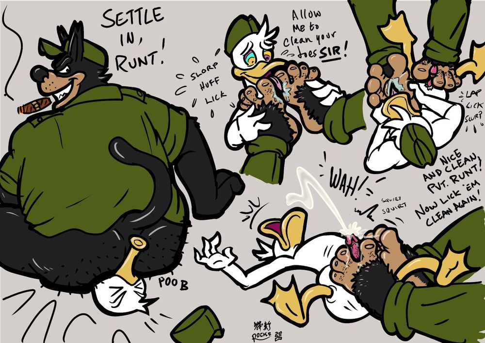 Several flat colour sketches of Sgt. Pete and Pvt. Donald: Pete is sitting his bare hairy ass on Donald as Donald sticks his beak out from between the cheeks. A few other sketches show Donald worshipping Pete's feet, and then getting footjobbed to cum