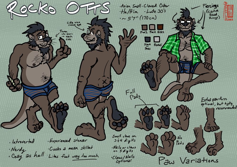 Reference sheet of an anthro river otter named Rocko