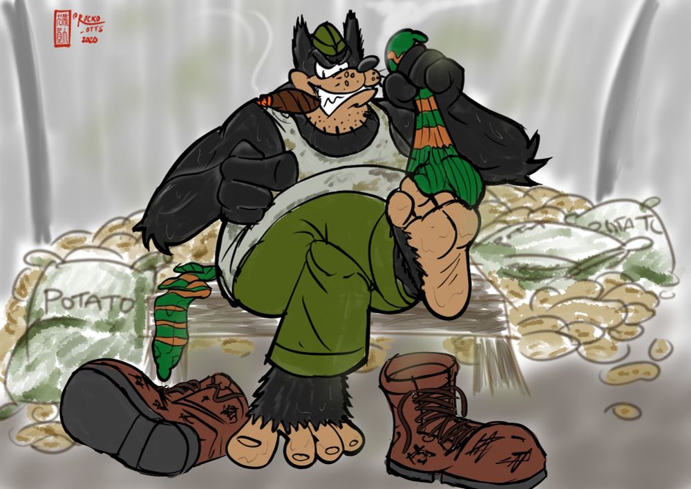 Sargeant Pete sits in a storage room full of potatoes while smoking a cigar. Pete is dressed in olive green pants and a filthy, sweaty tank-top. He points at the viewer while slowly pulling off his socks from his sweat-covered feet, giving you a look that compels you to start worshipping (or peel potatoes if you're into that)