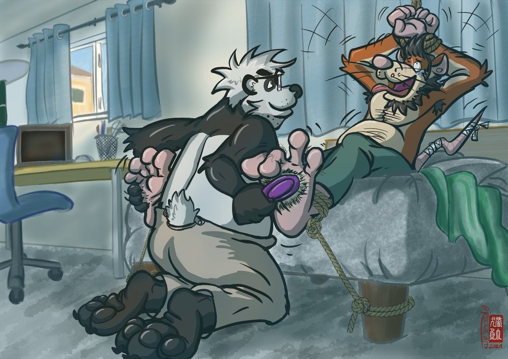 Vinh the rat dude is restrained by ropes on the posts of a cushioned piece of furniture, with his hands bound by a rope hanging from the ceiling. Chase the panda takes advantage of Vinh's helpless state and tickles his feet with his claws and brushes