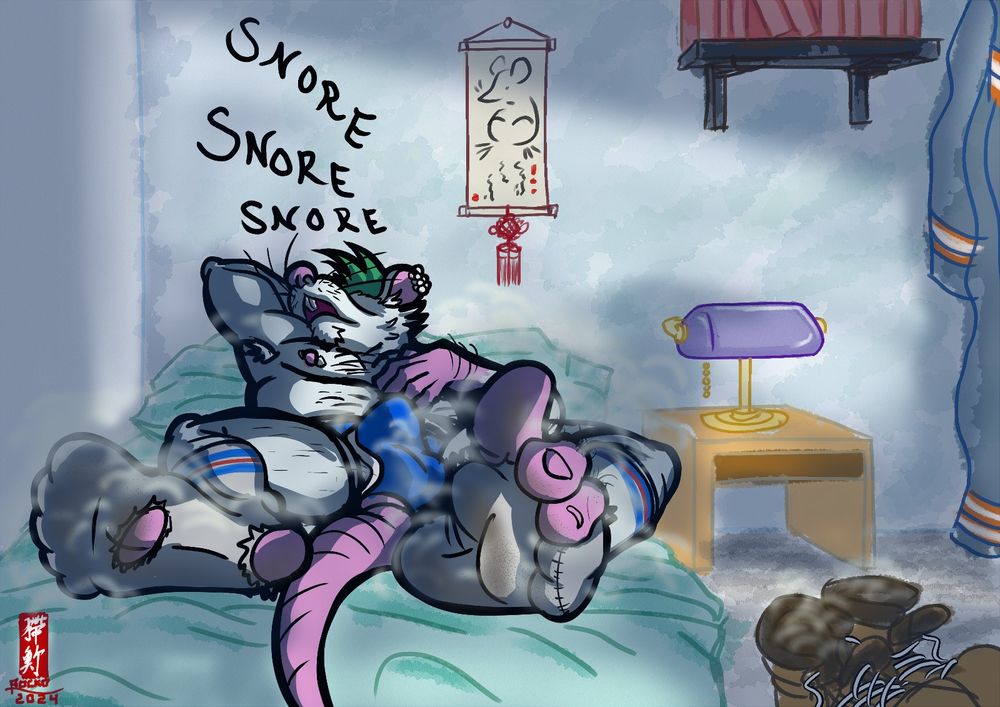A punk rat man is asleep on his bed, only down to his skivvies and shredded worn in socks.