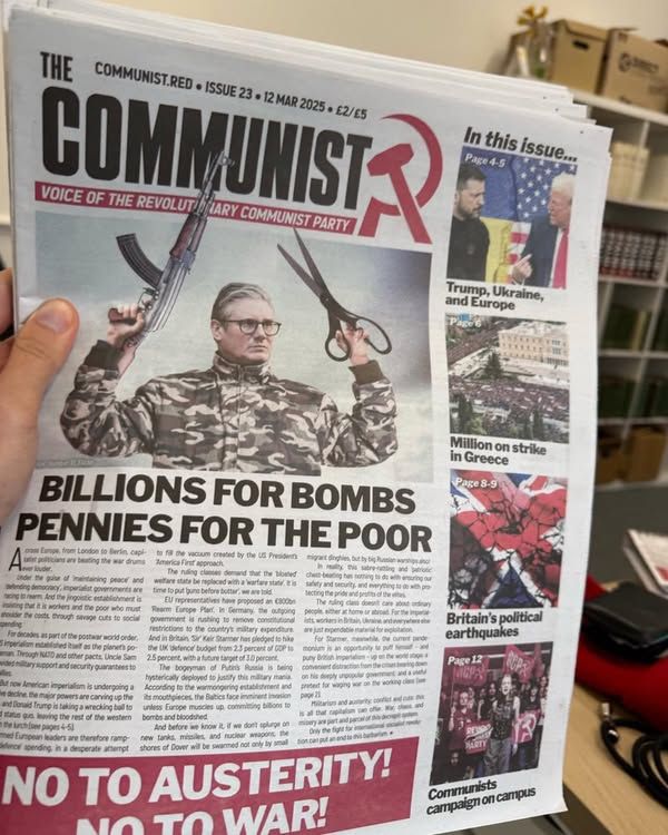 Front page of the Communist newspaper showing stern-faced Keir Starmer waving a giant pair of scissors and a gun.