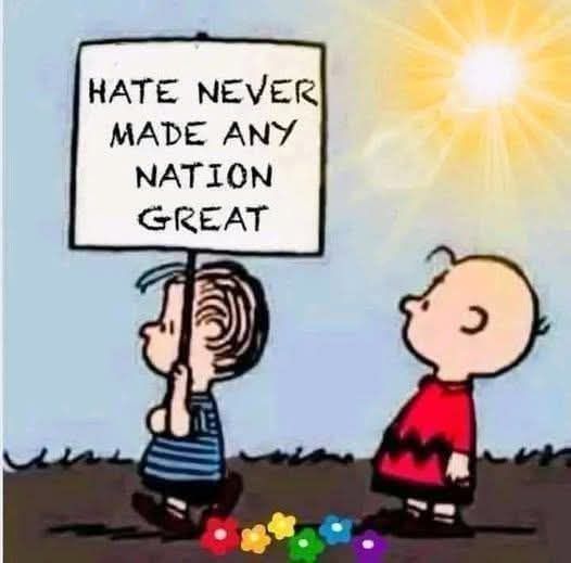 Linus Van Pelt holding a sign saying "HATE NEVER MADE ANY NATION GREAT".