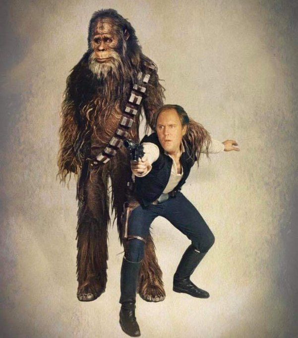 Satirical image depicting Chewbacca and Han Solo from Star Wars, but with the faces of Harry and Mr. Henderson from Harry and the Hendersons.